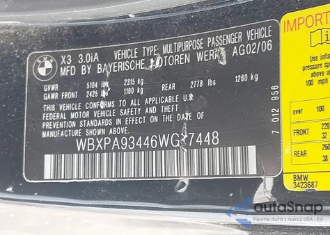 2006 BMW X3 3.0I z USA, uszkodzony, nr VIN WBXPA93446WG77448